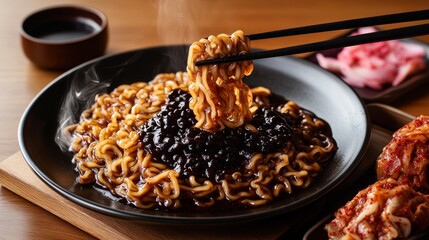 A steaming plate of jjajangmyeon with thick black bean sauce-covered noodles sits on a wooden table, with a pair of chopsticks lifting a portion of the glossy, rich noodles, 