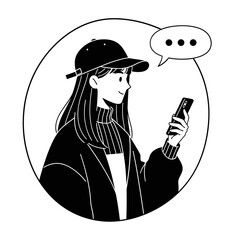 Stylish Young Woman Using Smartphone Black and White Illustration