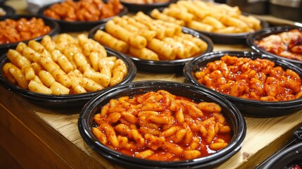 A traditional Korean street food stall setup with multiple small black bowls filled with different varieties of tteokbokki--classic spicy, rose cream, and black bean sauce