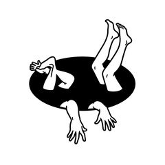 Surreal Black And White Line Art Illustration Of Two Pairs Of Legs And Arms Emerging From A Hole