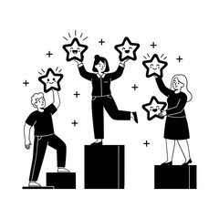 Team Celebrating Success With Shining Stars on Podium Black and White Illustration