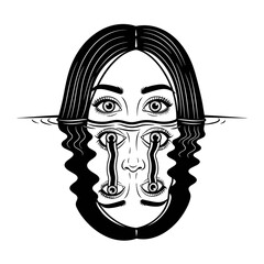 Surreal Black And White Line Drawing Of A Woman's Face Reflected In Water With Tears