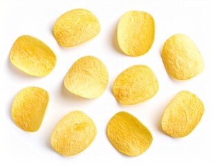 Ten Crispy Potato Chips on a White Background