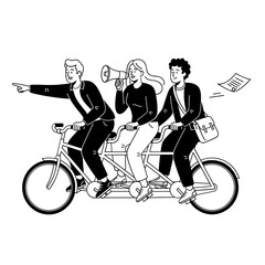 Three Businesspeople Riding Tandem Bicycle Teamwork Collaboration Success
