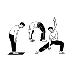 Three Men Performing Different Yoga Poses Black and White Line Art Illustration