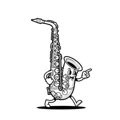 Walking Cartoon Saxophone Character Illustration Black and White Design