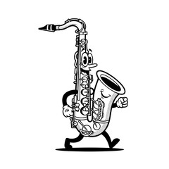 Walking Cartoon Saxophone Character Illustration Black and White Line Art