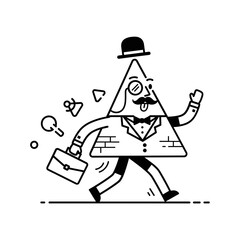 Walking Triangle Businessman in Black and White Line Art Illustration