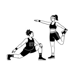 Two Women Stretching Black and White Line Art Illustration