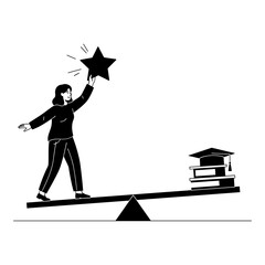 Woman Balancing Star and Books on Seesaw Black and White Illustration