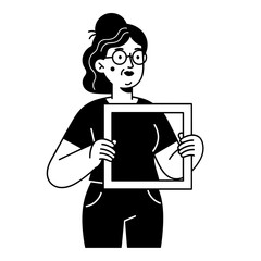 Woman Holding Blank Frame Black and White Minimalist Illustration