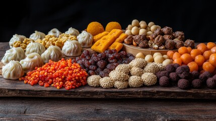 A vibrant festival-style display of dragon beard candy and sweet dim sum treats sits on a rustic wooden stall, with candied nuts and sesame balls arranged artfully, 