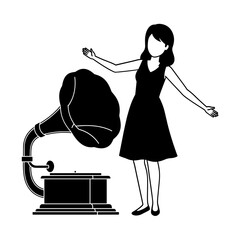 Woman Dancing Beside a Vintage Gramophone Silhouette