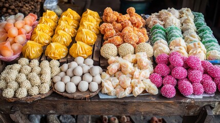 A vibrant festival-style display of dragon beard candy and sweet dim sum treats sits on a rustic wooden stall, with candied nuts and sesame balls arranged artfully, 