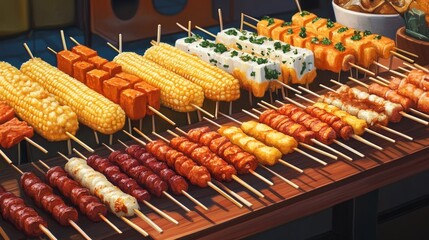 A vibrant Korean street food market setup featuring an array of skewered treats like spicy tteok-kkochi (grilled rice cakes), cheese corn dogs, and hotteok (sweet pancakes), 