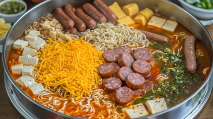A vibrant top-down shot of a Korean army stew (budae jjigae) in a wide, shallow metal pot, filled with bubbling spicy broth, instant ramen, spam, sausages, 