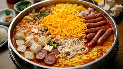 A vibrant top-down shot of a Korean army stew (budae jjigae) in a wide, shallow metal pot, filled with bubbling spicy broth, instant ramen, spam, sausages, 