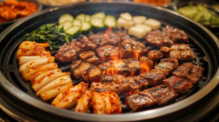 A wide-angle shot of a stylish Korean barbecue setup, featuring sizzling cuts of beef, pork belly, and spicy marinated chicken grilling over an open flame, 