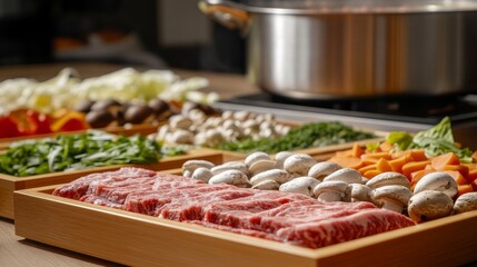A wide-frame capture of a Japanese shabu-shabu setup, featuring thinly sliced beef, fresh mushrooms, and vegetables neatly arranged on wooden trays