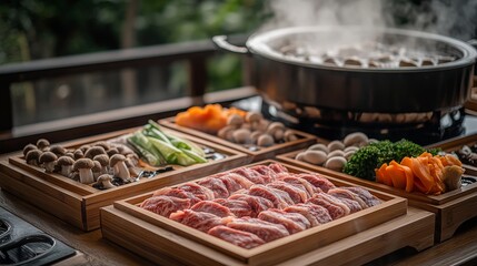 A wide-frame capture of a Japanese shabu-shabu setup, featuring thinly sliced beef, fresh mushrooms, and vegetables neatly arranged on wooden trays