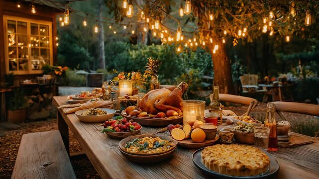 Rustic outdoor dinner table set for Thanksgiving or festive gathering with turkey, string lights, candles, and homemade dishes in forest setting

