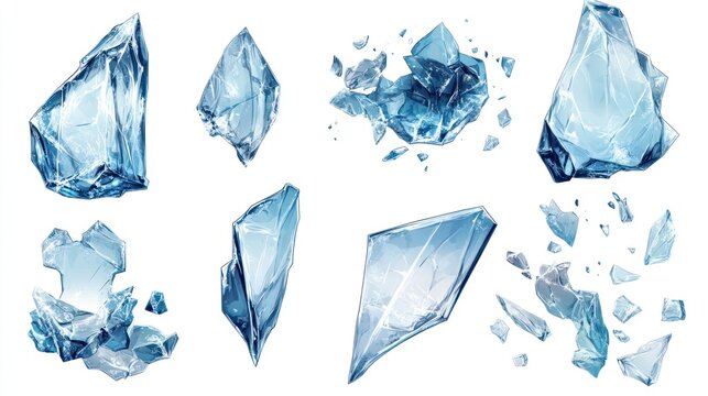 Collection of shimmering ice shards and chunks on a pristine backdrop