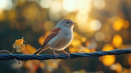 Obraz premium Tranquil Sparrow Perched on a Wire in Warm Autumnal Light, Serene Wildlife