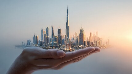Dubai city on hand 3d concept background. amazing city at sunrise, United Arab Emirates.