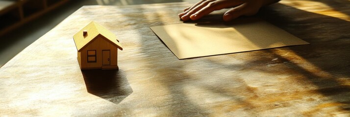 Receive First Home Letter with Miniature House On Tabletop In Sunlight