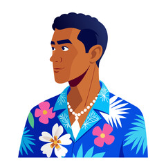 Profile Portrait of a Polynesian Man Wearing a Blue Hawaiian Shirt and Lei Necklace Vector Illustration

