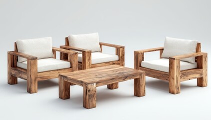 Rustic wooden outdoor furniture set; two armchairs with off-white cushions and a low coffee table, all made of reclaimed wood with a natural finish