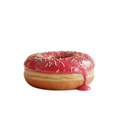 A tempting pink frosted donut with rainbow sprinkles and a sweet glaze on transparent background