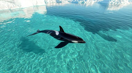 Obraz premium a lone orca whale diving toward the seabed in a quiet Arctic ocean setting, glacial reflections and fine water detail visible, body curving naturally with fins extended