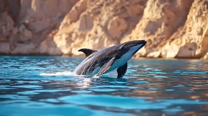 Fototapeta premium a slow-motion scene of a whale gliding near an underwater canyon wall, fine texture of rock formations, dramatic contrast with its smooth body