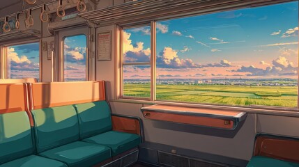 Obraz premium Tranquil Train Ride Scenic Sunset View