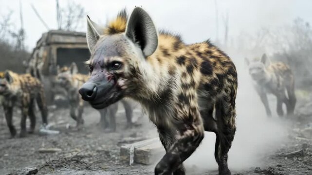 A group of hyenas stands alert in front of an abandoned, rusted vehicle in a desolate, muddy landscape.