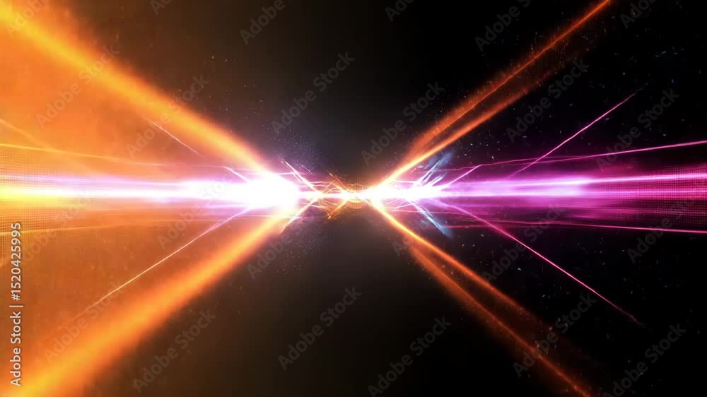 Poster two streams of colorful light energy, orange and blue, collide in the center against a dark backgrou