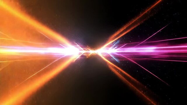 Two streams of colorful light energy, orange and blue, collide in the center against a dark background with glowing particles.
