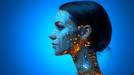 Side view of woman face overlaid with glowing circuit board patterns. Concept of gender equality, female power in engineering. International women in engineering day June 23