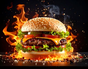 Gourmet burger in flames