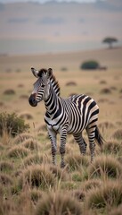 Obraz premium A zebra stands in tall grass on an open African savanna, with blurred trees and hills in the distant background.