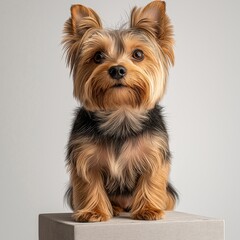 Adorable Groomed Yorkshire Terrier. Studio Portrait of a Cute, Well-Behaved Pet with Fluffy Soft Fur on White Background