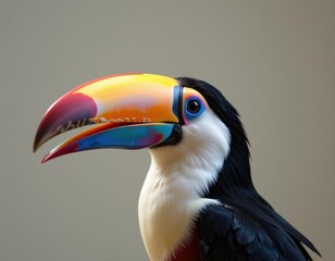 Obraz premium A vibrant toucan with a large, colorful beak is shown in close-up against a plain background.