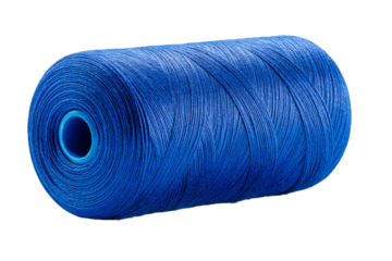 A blue string is rolled up on a white background