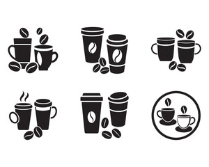 Coffee icon set black line art. coffee cup icons, coffee beans, coffee machine, coffee making tools jug blunder and different coffee cups and paper glass