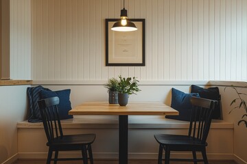 Fototapeta premium Eclectic dining nook with white paneling, natural oak table, black chairs, built-in bench seating, blue pillows, hanging light, plant, and framed artwork on wood floors