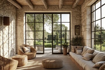Sunroom with large windows, stone walls and ceiling, neutral wicker furniture, natural light, and garden view door in natural material interior design