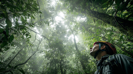 Exploring the Mystical Misty Forest: Adventure Seeker in Helmet Among Scenic Trees and Sunbeams