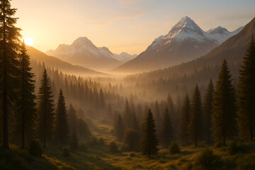 Obraz premium Golden Sunrise Over Misty Pine Valley