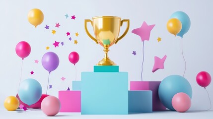 A vibrant celebration with golden trophy, balloons and stars for accomplishments
